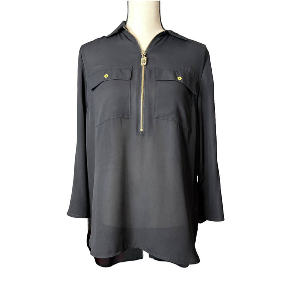 Michael Kors Blouse in Sheer Black Material Roll Tab Sleeves Front Zipper Size M - Picture 1 of 6